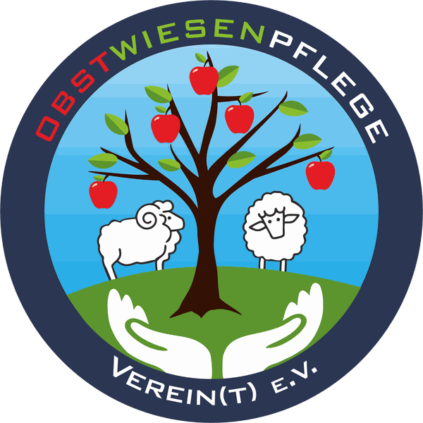 Vereinslogo: Apfelbaum mit zwei Schafen, umrahmt vom Schriftzug Obstwiesenpflege Verein(t) e.V.